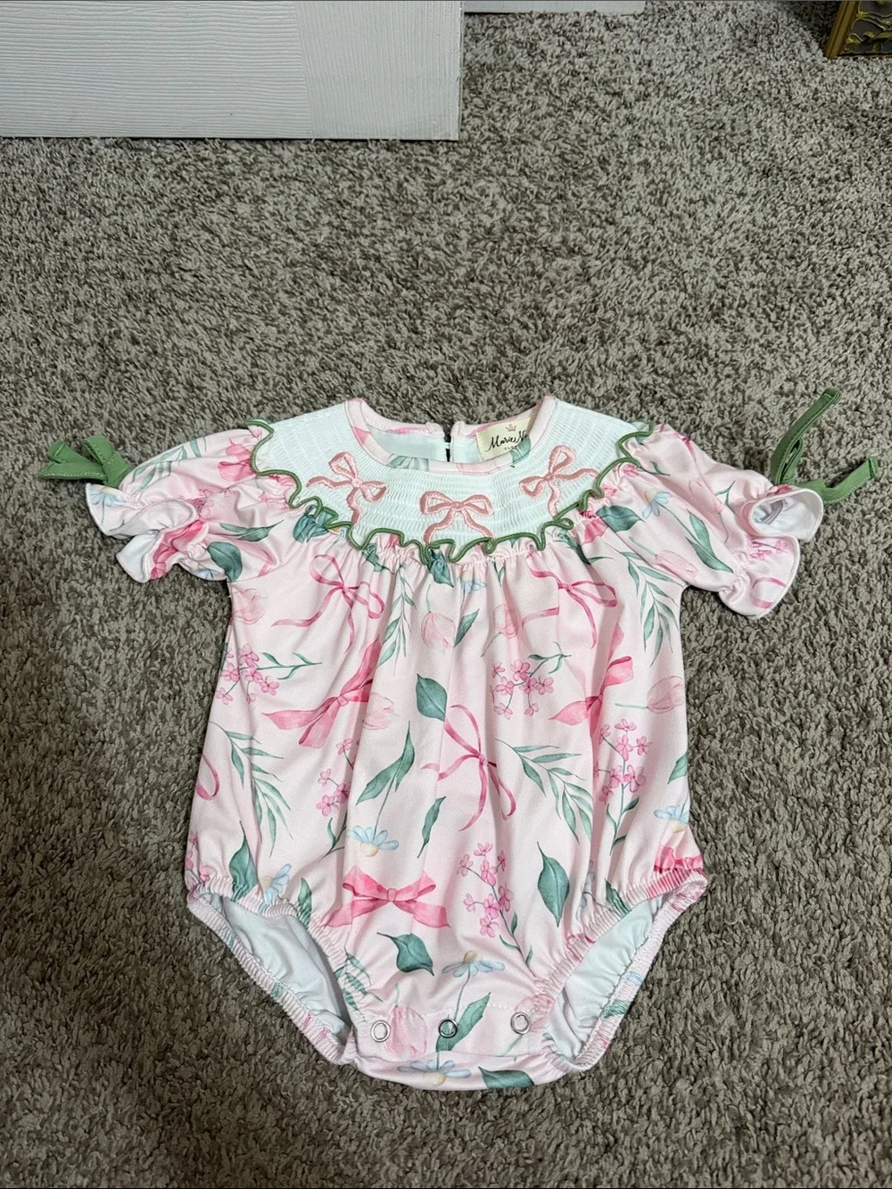 Marie Nicole Clothing Baby Girl's Pink Green Bow Floral Smocked Bubble 3-6 Month